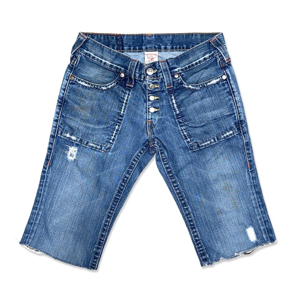 VTG True Religion Big Rig Cut Off Denim Shorts Size 32 Made USA Button Fly